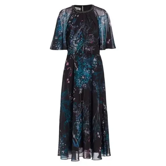 Teri Jon Rickie Freeman Chiffon Capelet Black Floral Cocktail Midi Dress 8